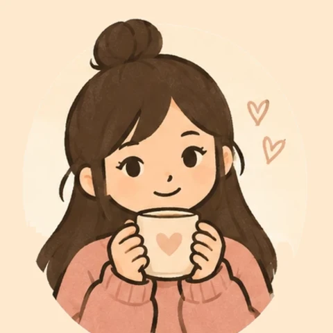 Illustration of Sharon smiling and holding a mug of coffee