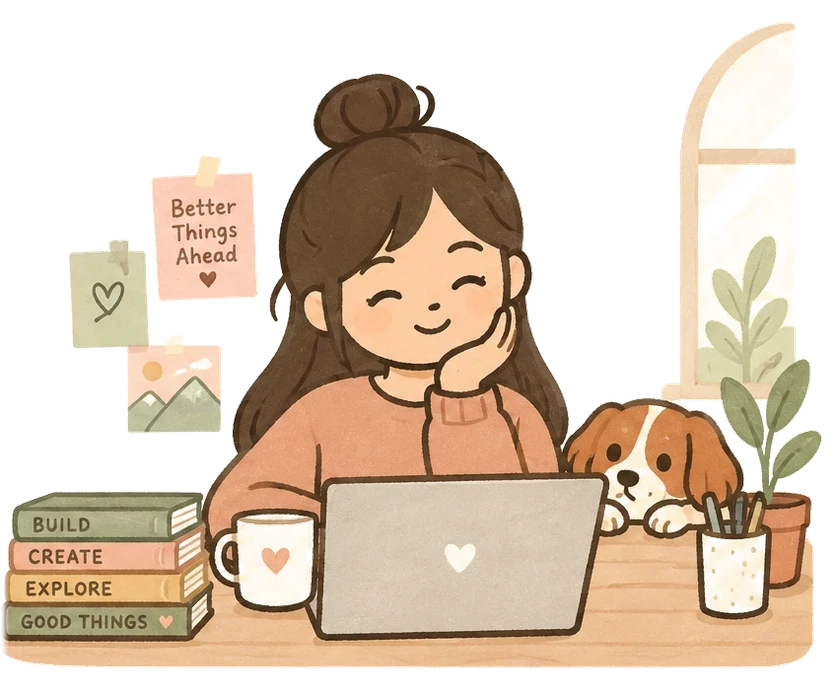Illustration of Sharon smiling at her laptop, with her dog peeking over the desk